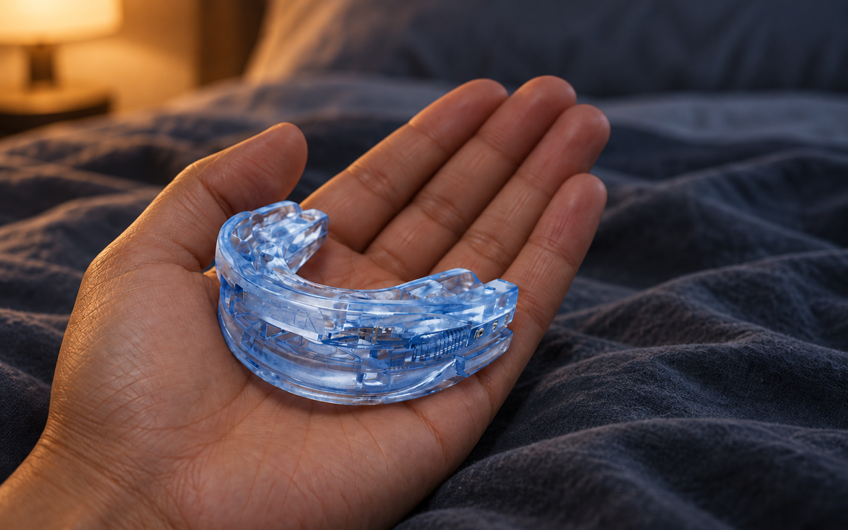 The HonmoonSleep mouthpiece held in one hand